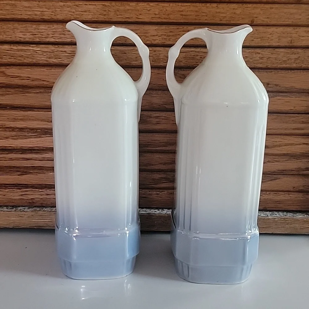 Vintage White and Cream Oil and Vinegar Dispenser Set Czechoslovakia Blue Luster